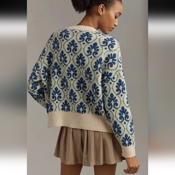Women's Blue and Cream Patterned Sweater - Picture 3 of 4